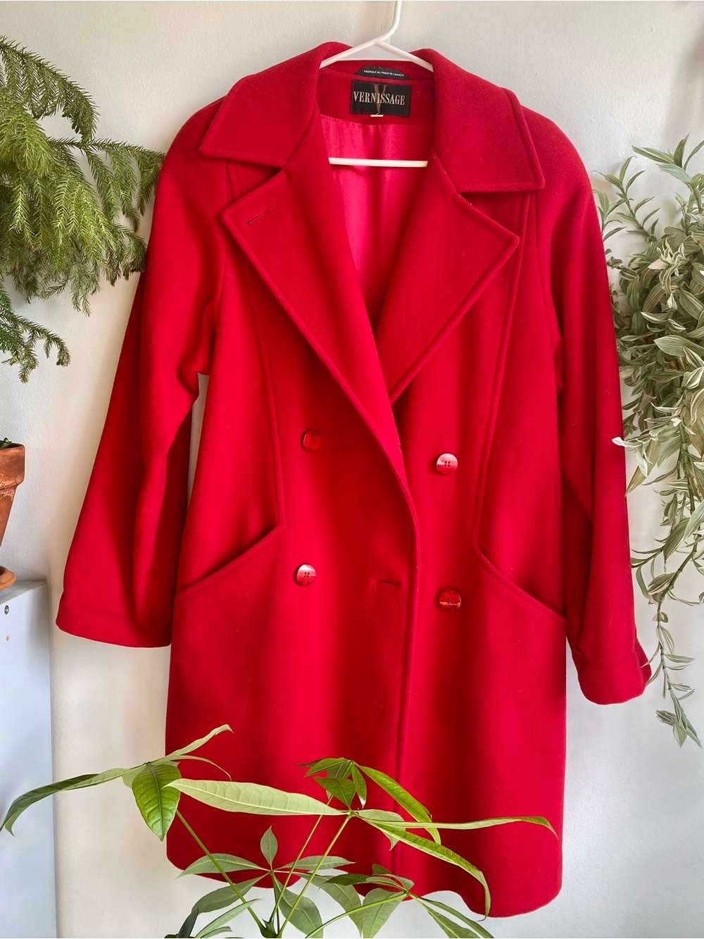 Vintage Vernissage Double-Breasted Red Merino Wool Trench Coat Canada Fall Autum